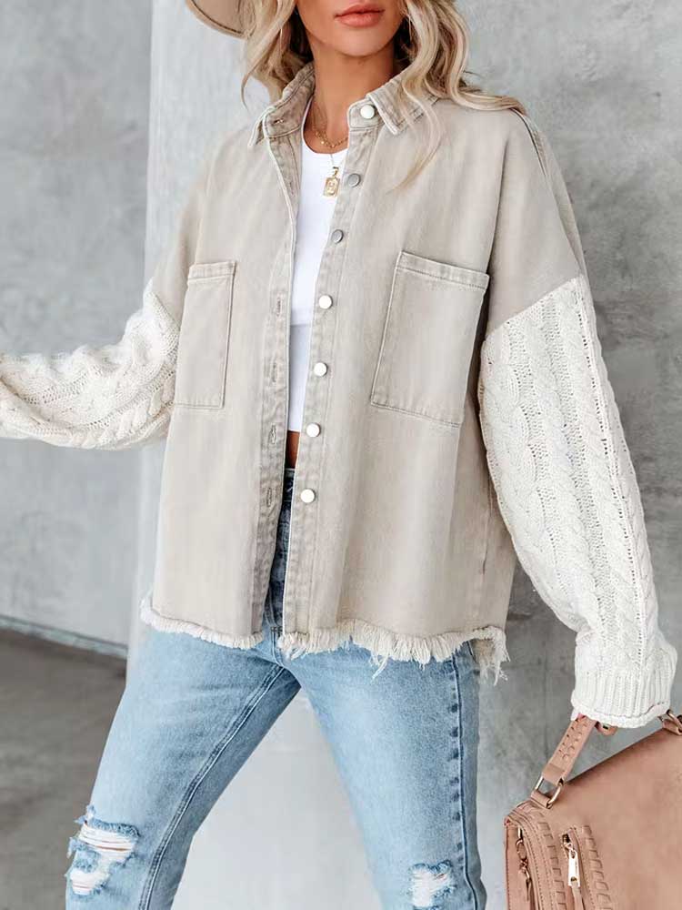 Cable Knit Sleeve Denim Jacket Button Up long sleeve Jean Jacket